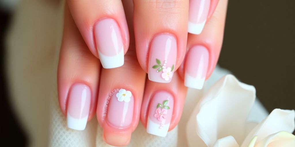 Chic French manicure with pastel colors and floral accents.