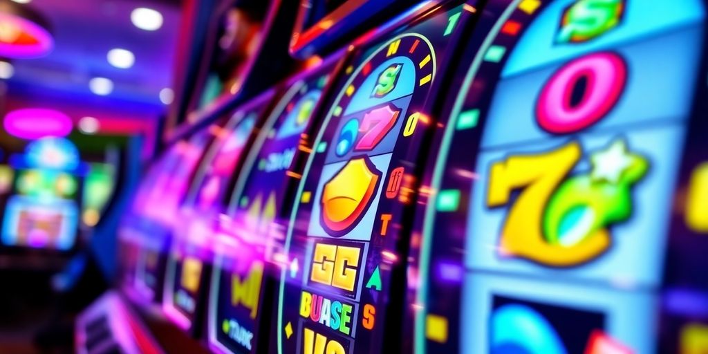 Spinning slot machine reels with glowing bonus icons.