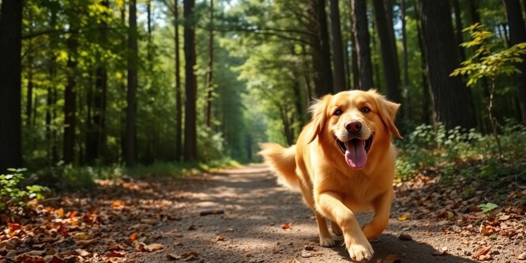 Dog hiking on a sunny forest trail.
