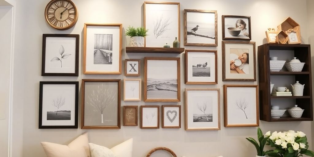 Gallery wall with Magnolia Home decor in soft colors.
