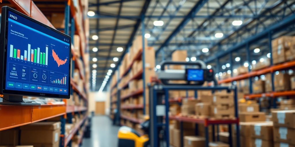 Warehouse management system interface and organized inventory.