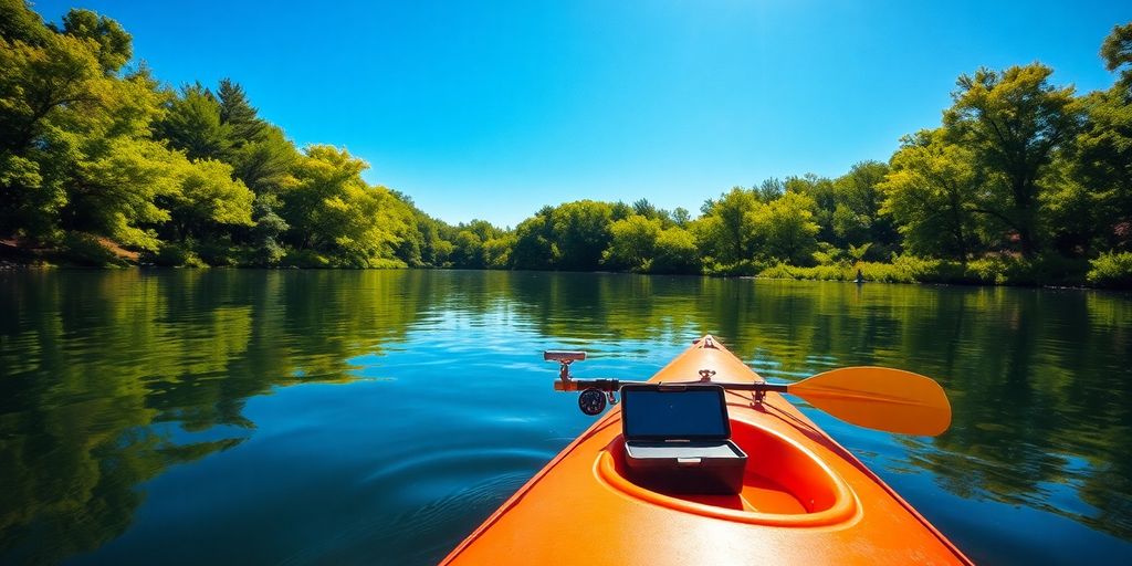 Kayak on calm river, fishing rod, tackle box.