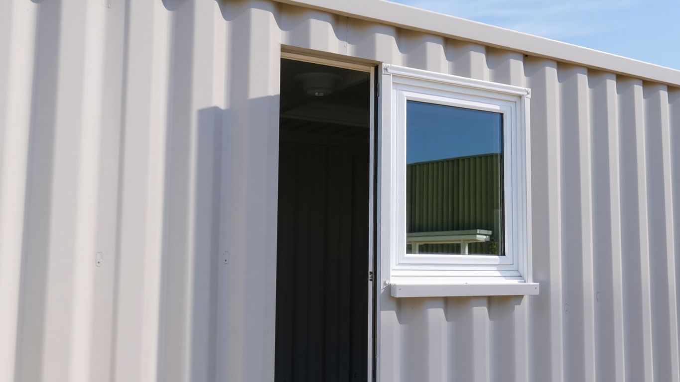 Shipping container with new doors and windows installed.