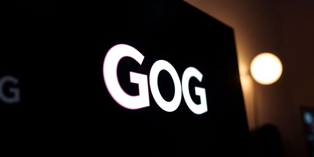 GOG Logo auf leuchtendem Bildschirm.
