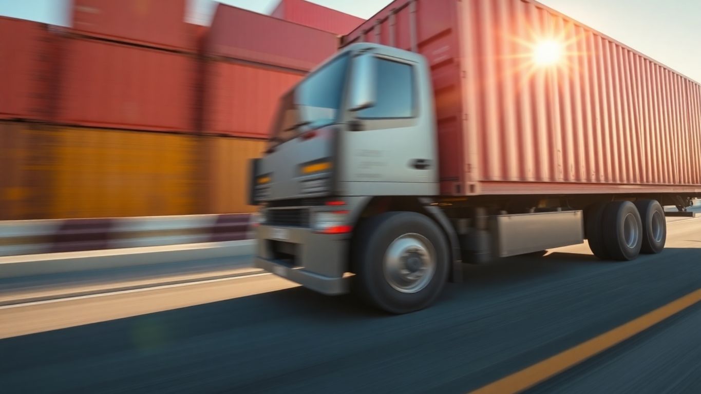 Container truck driving fast on Long Beach port road.