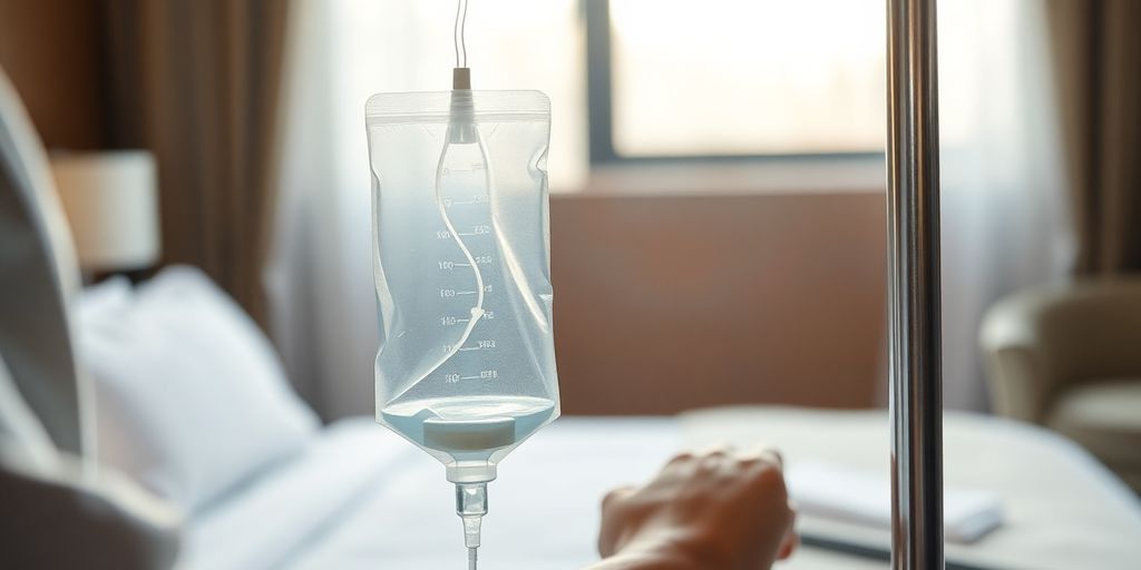 IV drip in serene hotel room