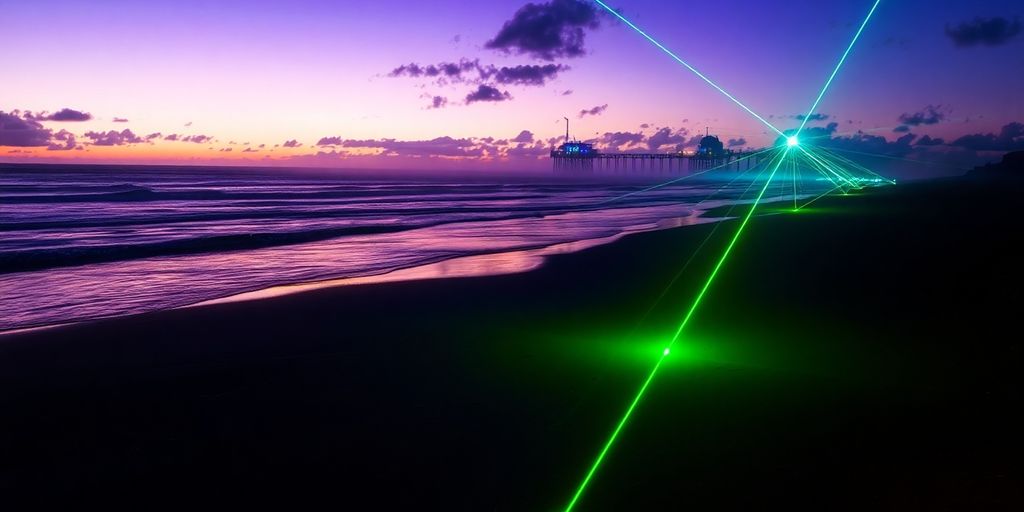 Beach at dusk with green and blue lasers over waves
