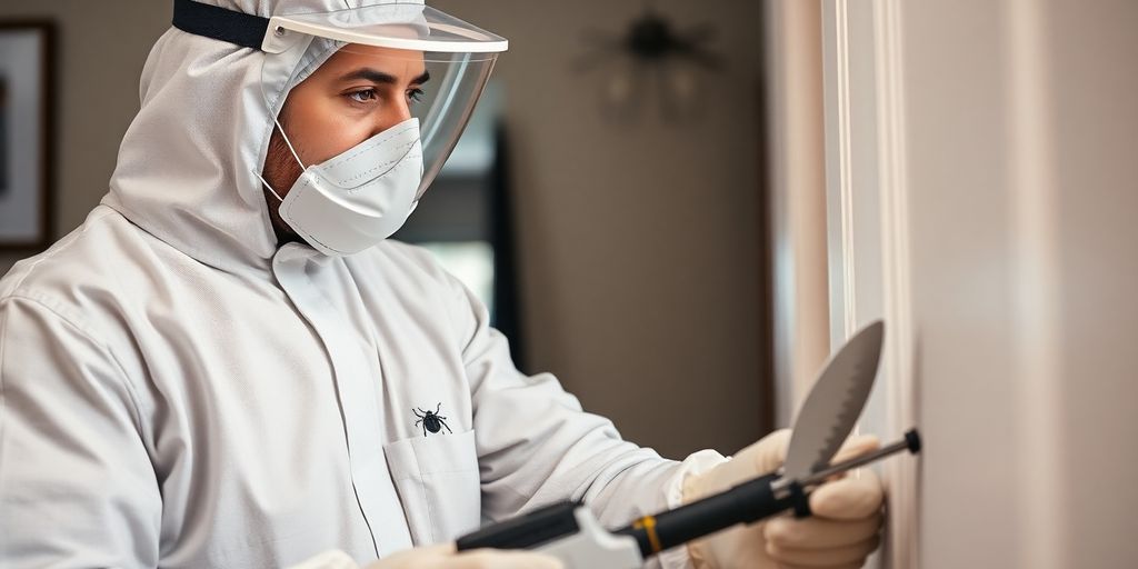 Tehnician deratizare inspectând o locuință pentru plosnițe.