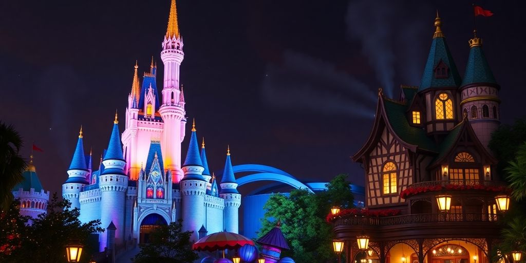 Atrações icônicas da Disney iluminadas à noite.