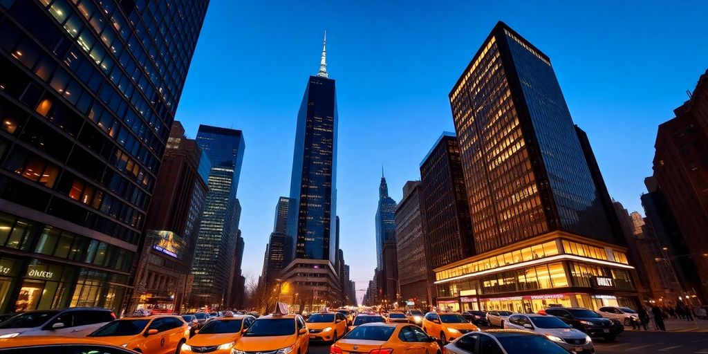 Manhattan skyline, vibrant tech district, bustling city