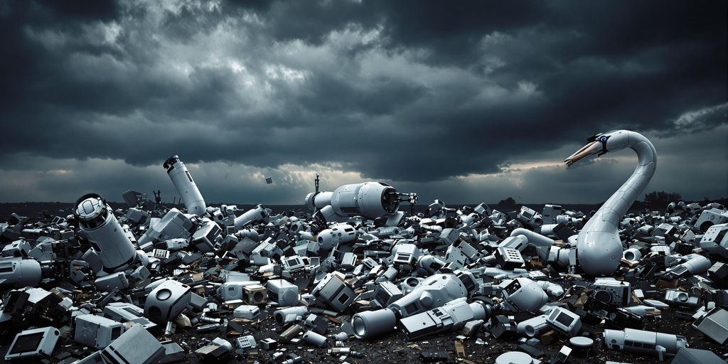 Scene of AI failure with broken robots and stormy sky.
