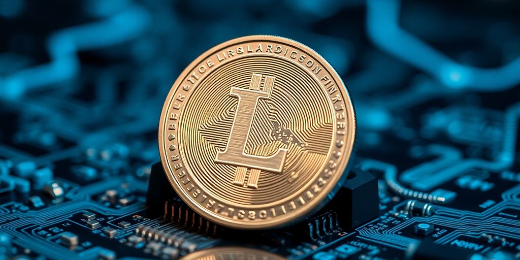 Close-up of Litecoin coin on digital circuit board.