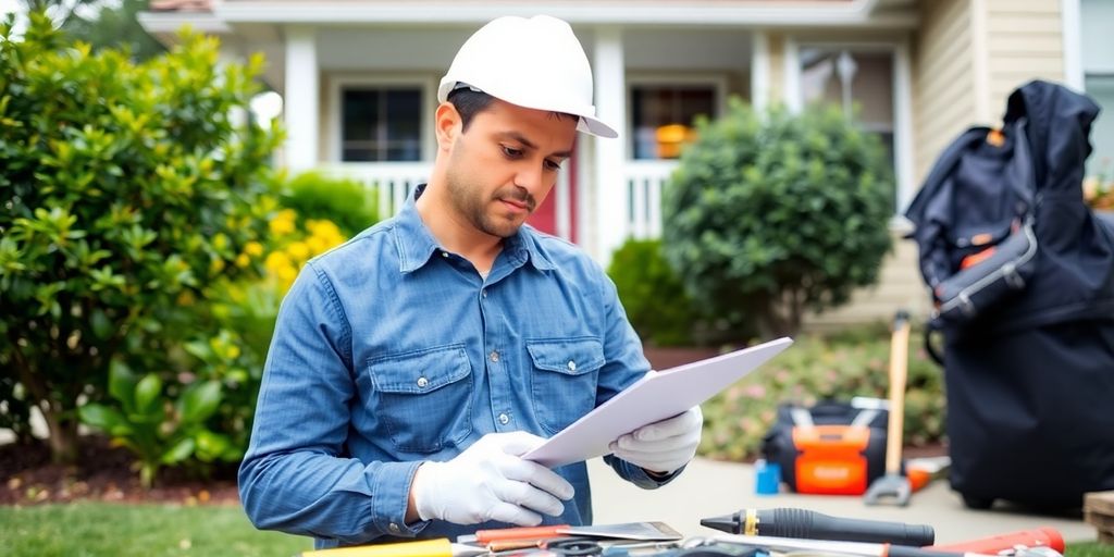 Maintenance worker inspecting a residential property.