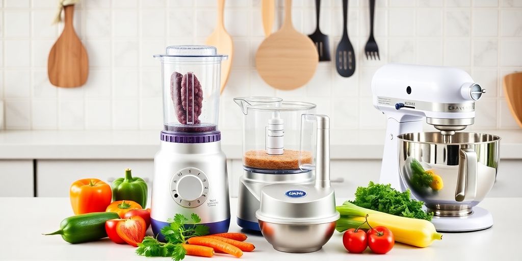 Essential kitchen appliances for home chefs on countertop.