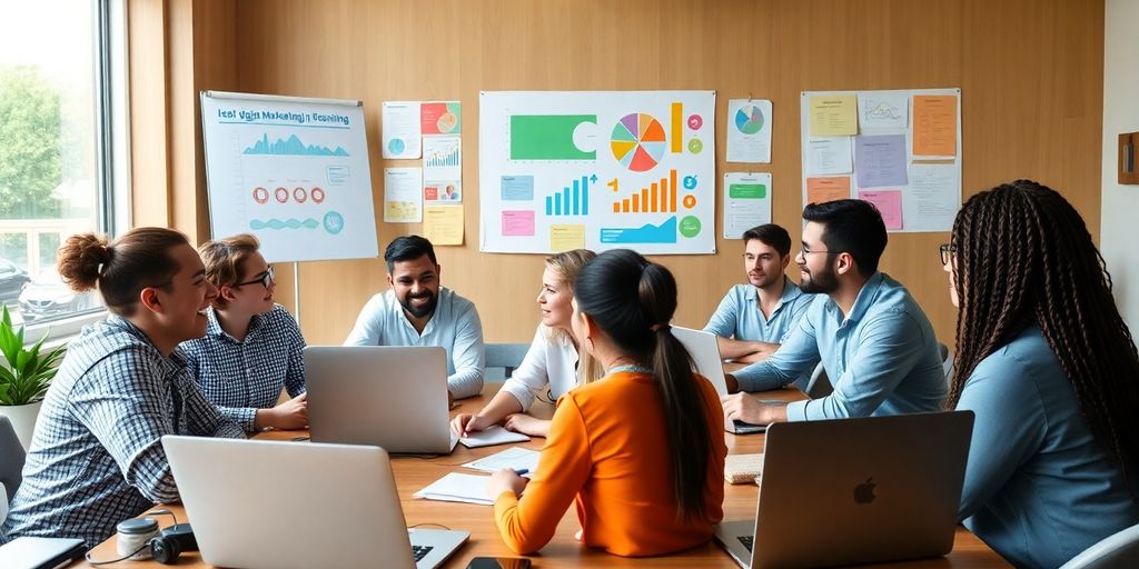 Diverse students learning digital marketing in an online classroom.