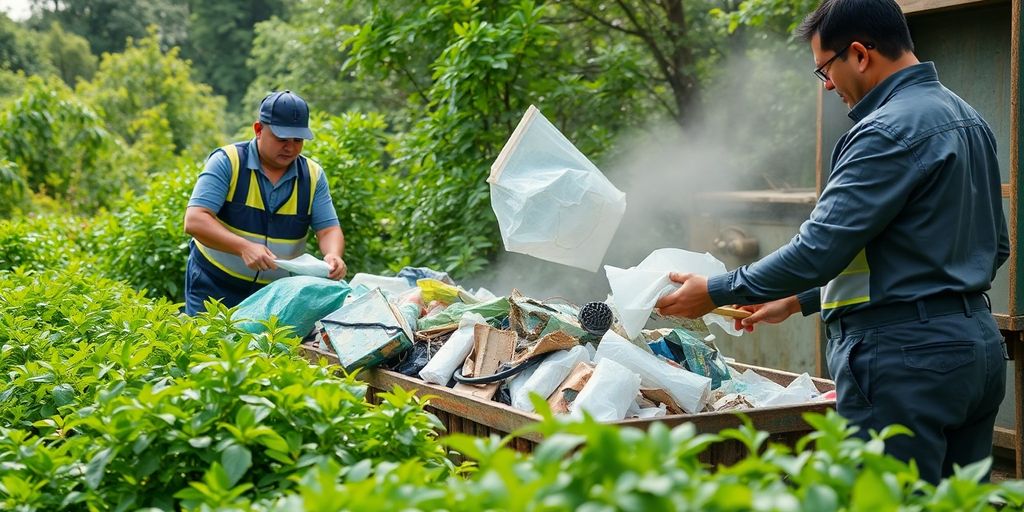 Junk disposal professionals sorting waste in a natural environment.