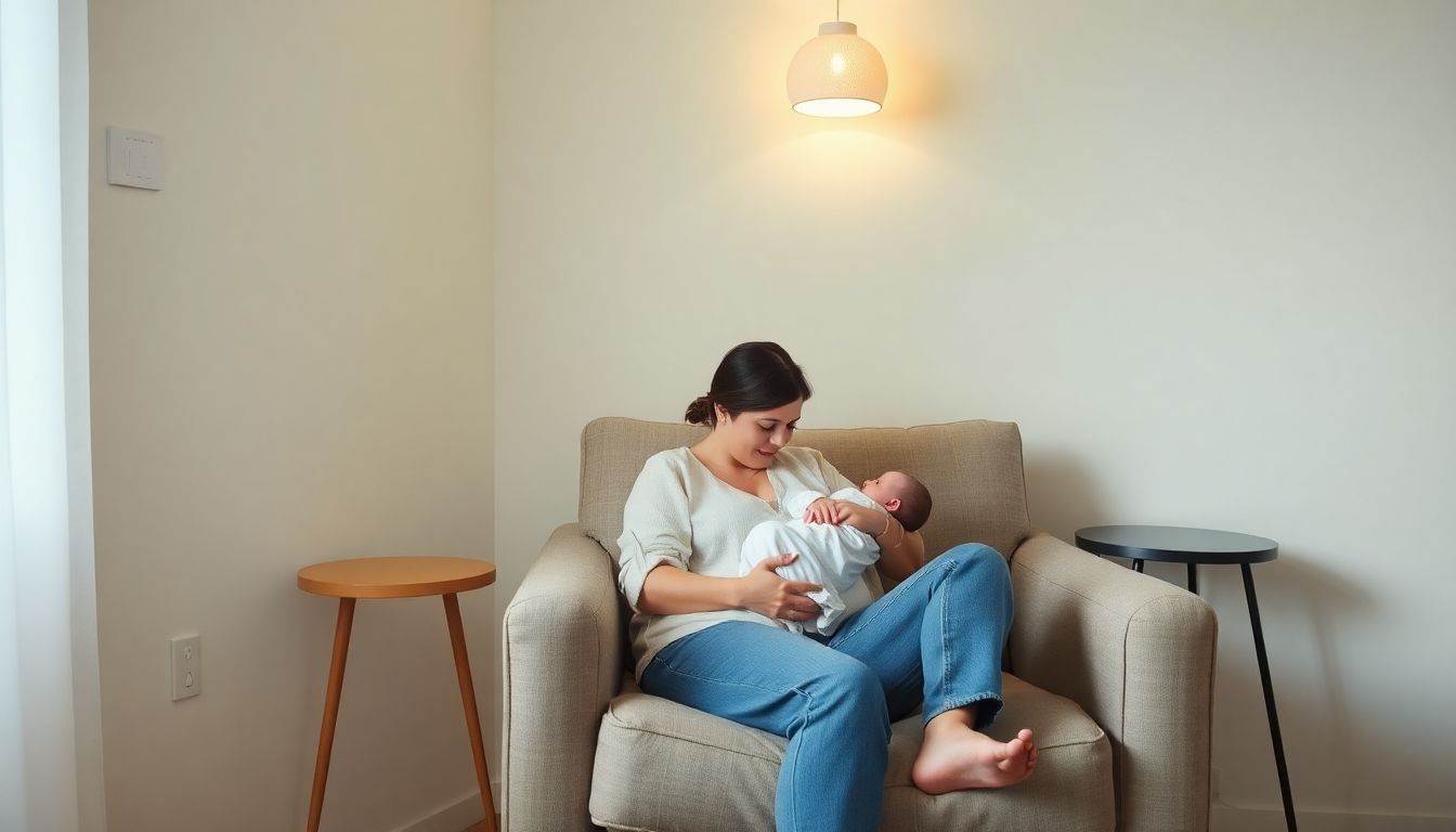 Mãe amamentando bebê em sala tranquila.