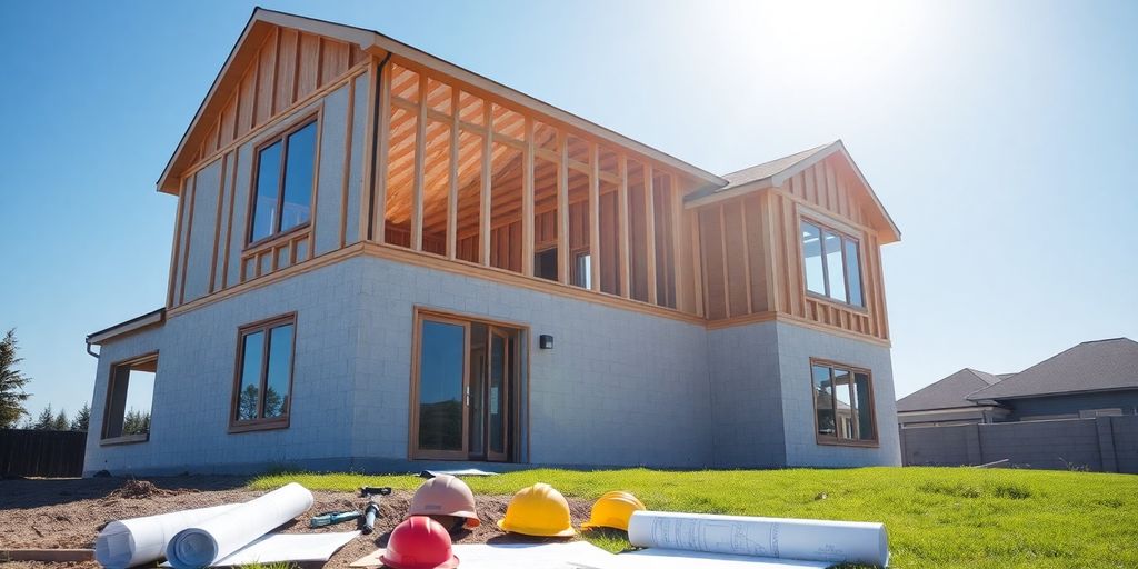Modern house under construction with blueprints and tools.
