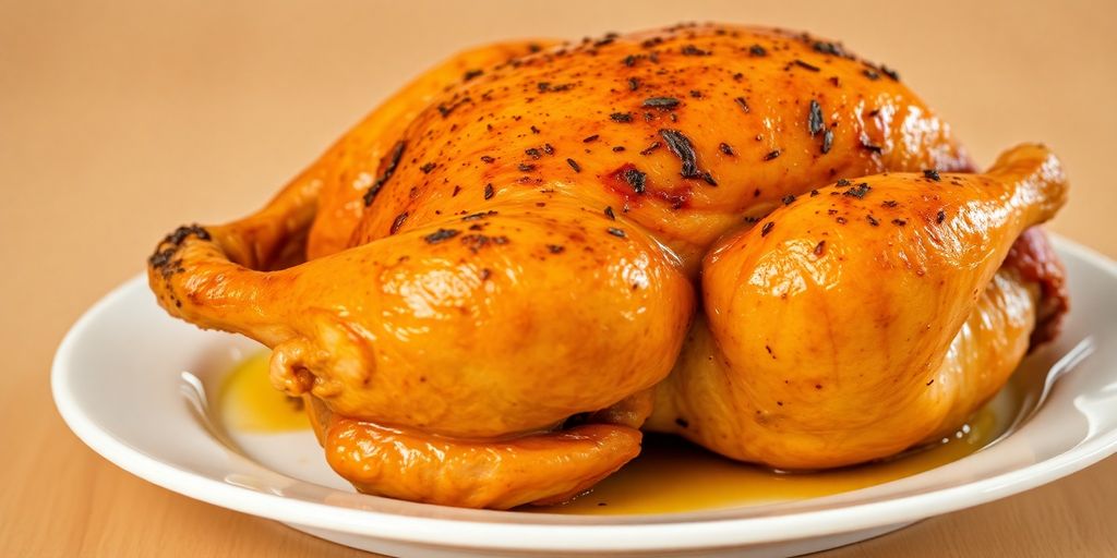 Roasted chicken, golden brown, on a white plate.