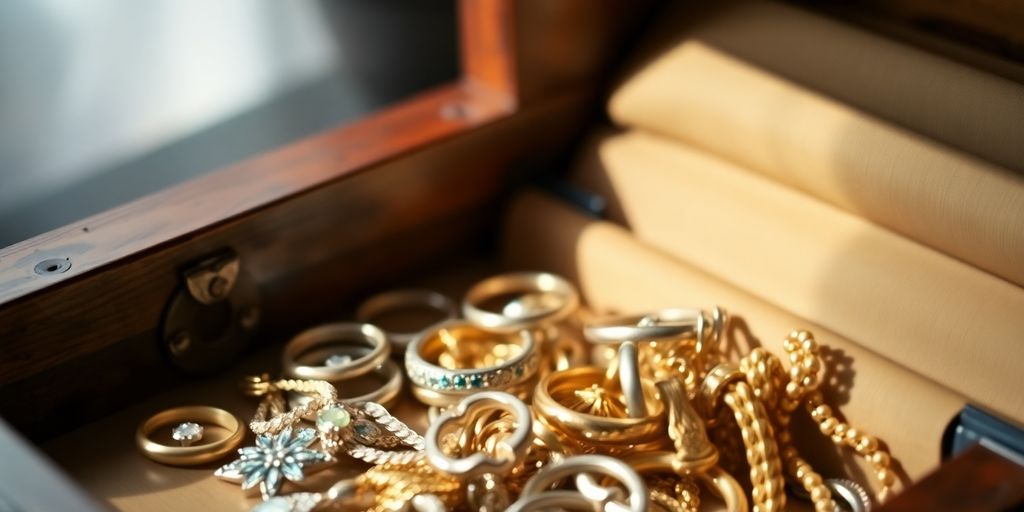 Bijoux familiaux dans une boîte ouverte.