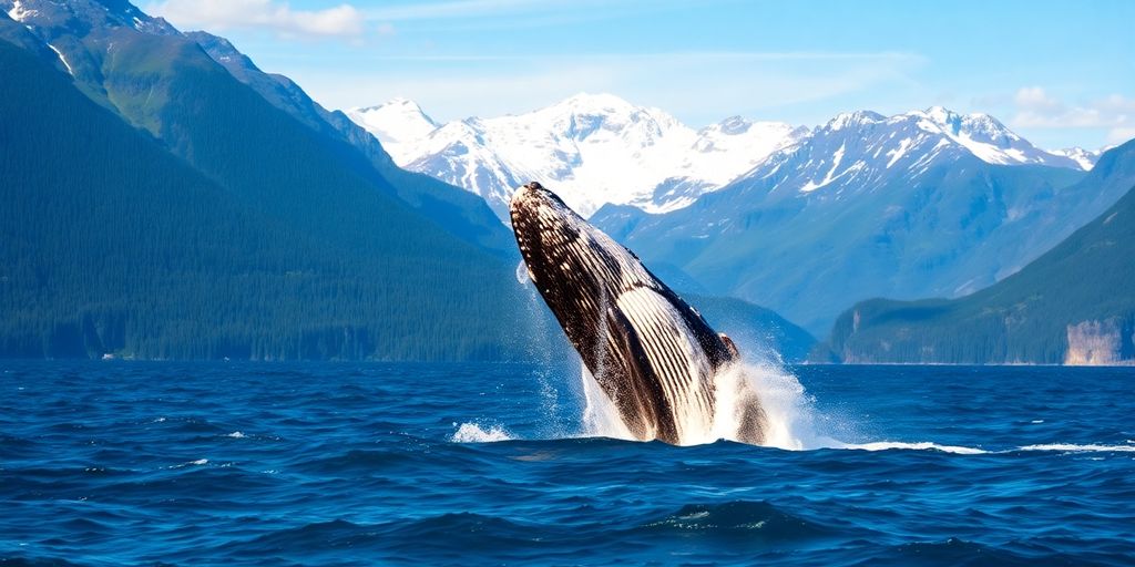 Humpback whales breaching near a cruise ship in Alaska.