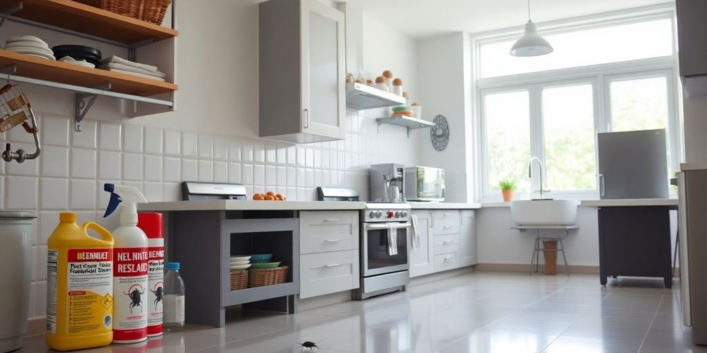 Cucina curata cu soluții de dezinsecție vizibile.