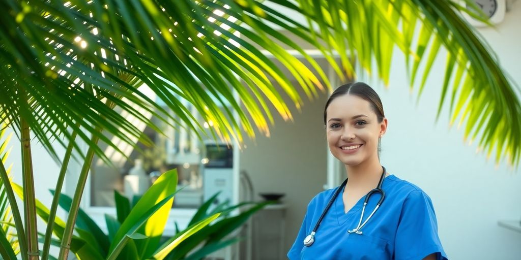 Clinic exterior, tropical plants, nurse.
