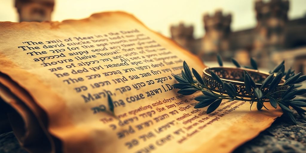 Ancient scroll with crown and olive branches in ruins.