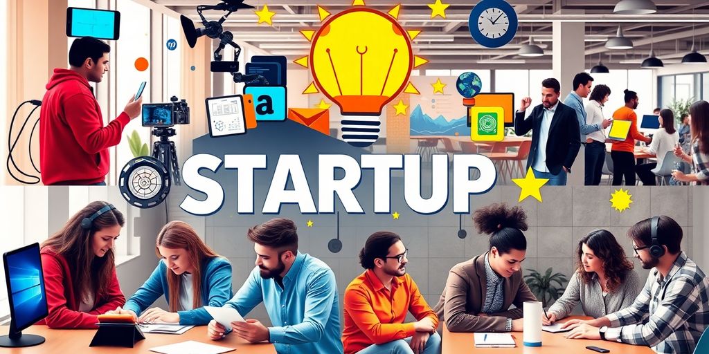 Collage of entrepreneurs and modern startup elements.