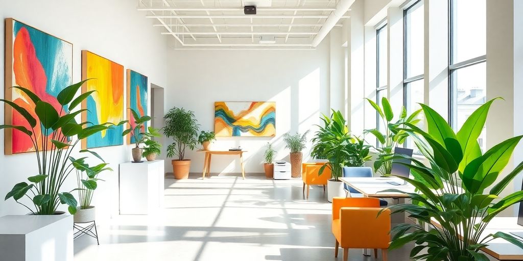 Bright, modern office with colorful art and plants.