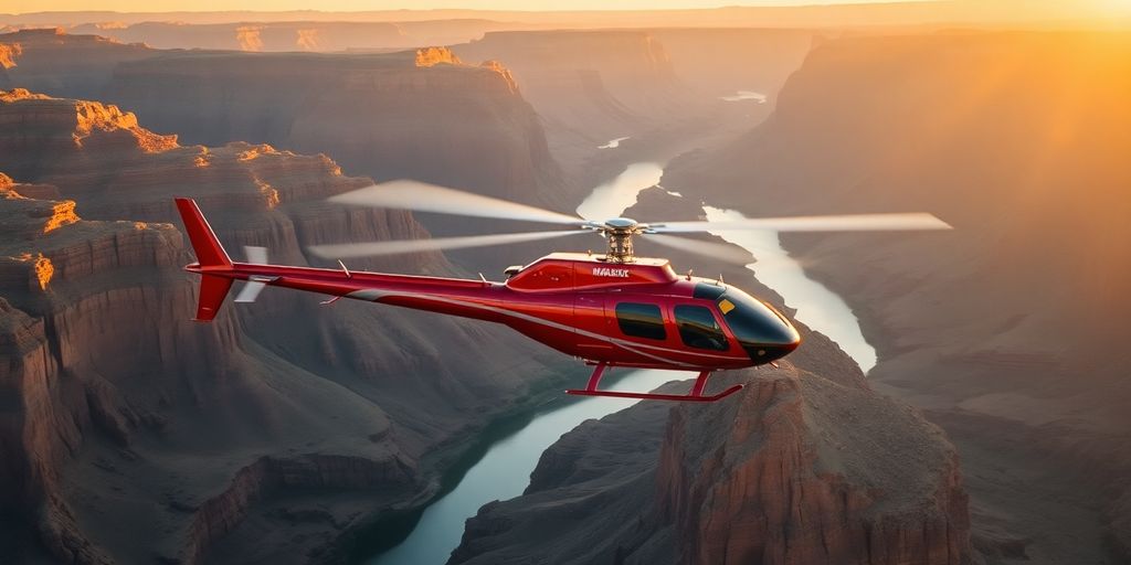 A red Maverick helicopter soaring above the Grand Canyon.