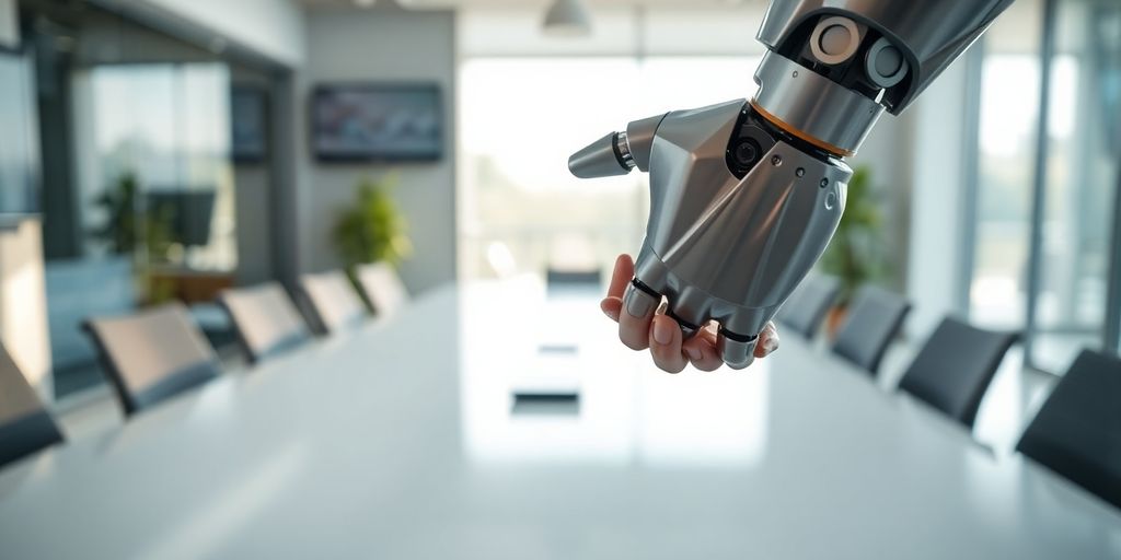 Robot drži ljudsku ruku u poslovnom okruženju.