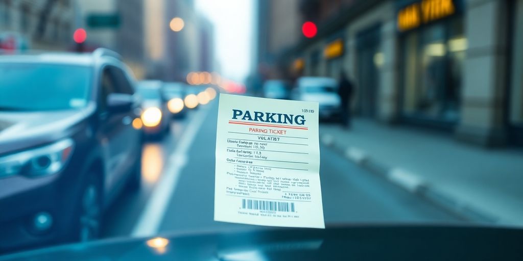 New York City street with a parking ticket on a windshield.