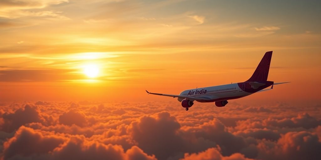 Air India jet flying over clouds at sunset.