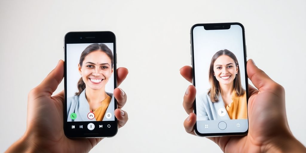Two hands holding smartphones displaying a live two-person video call