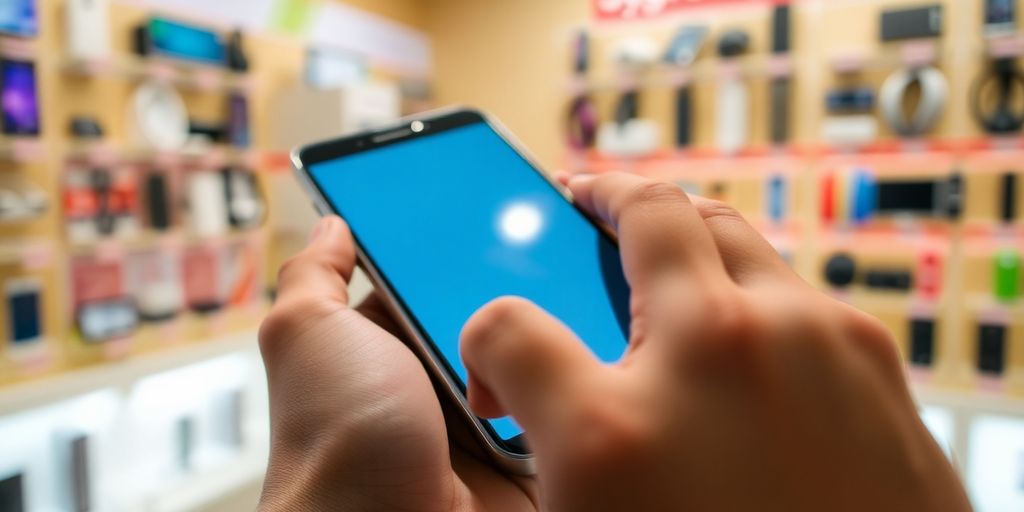 Люди выбирают смартфоны в магазине