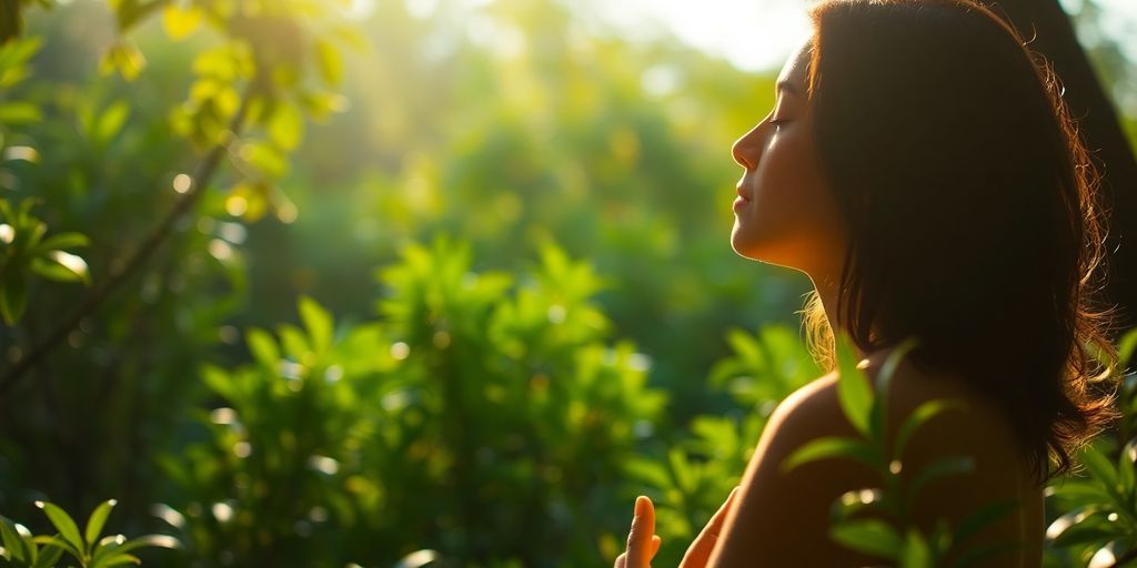 Person meditating peacefully in a sunlit natural setting.