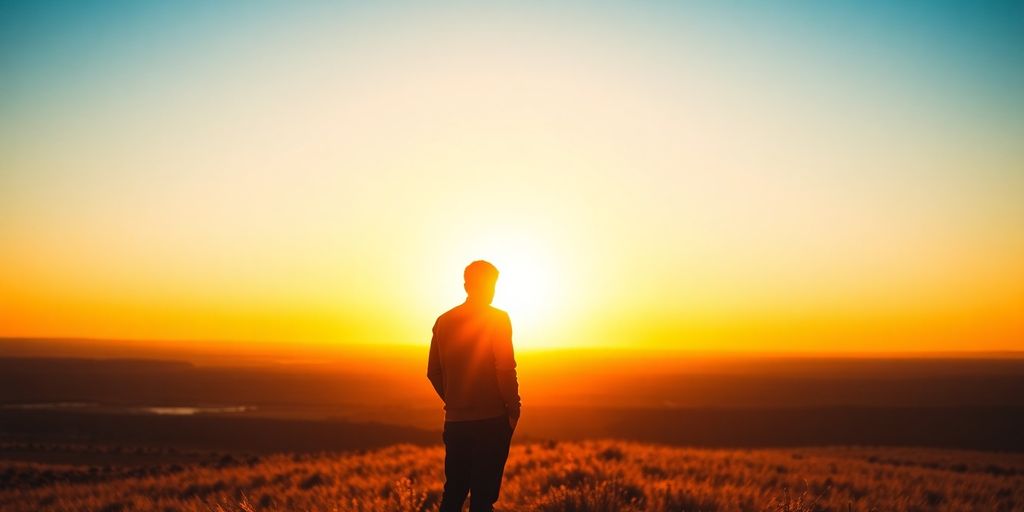 Man looking towards a bright, expansive horizon.