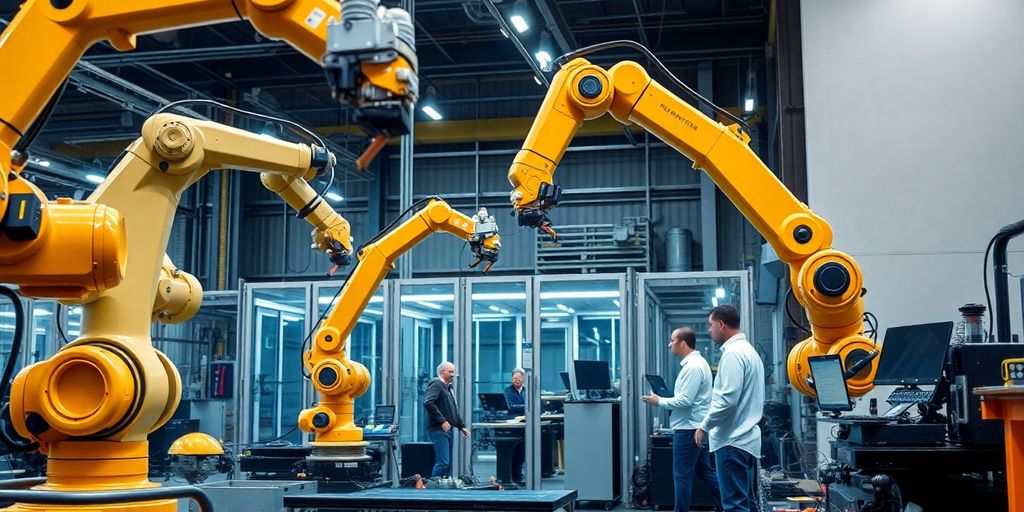 Espacio de trabajo con brazos robóticos y maquinaria automatizada.
