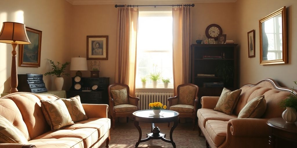 Cozy room, vintage furniture, discount tags, warm light.