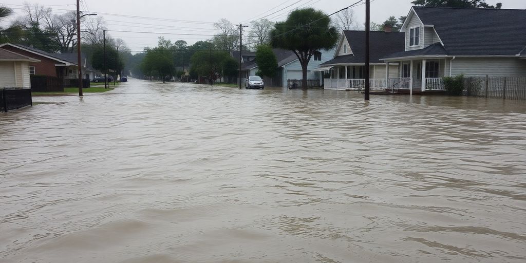 Eau montant dans les rues, maisons menacées par les inondations.