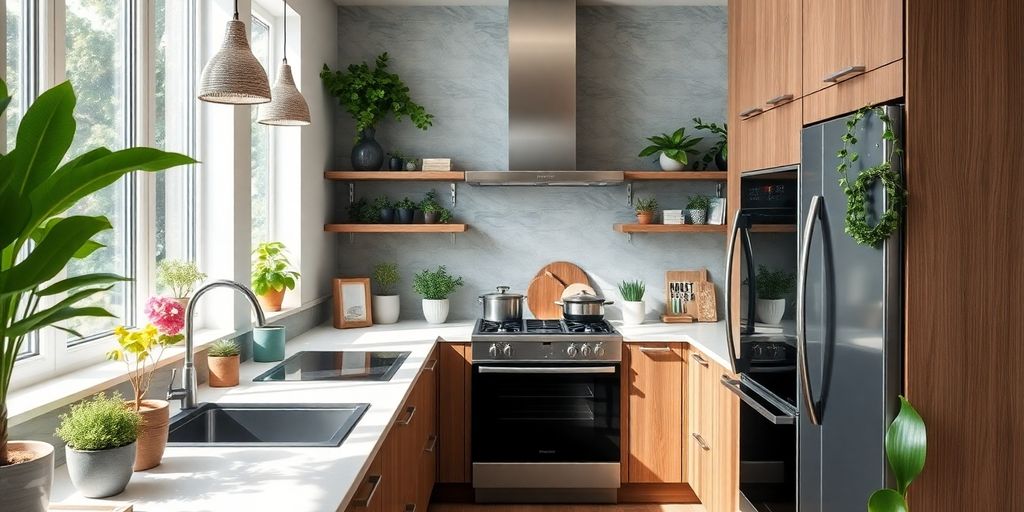 Modern eco-friendly kitchen with plants and energy-efficient appliances.