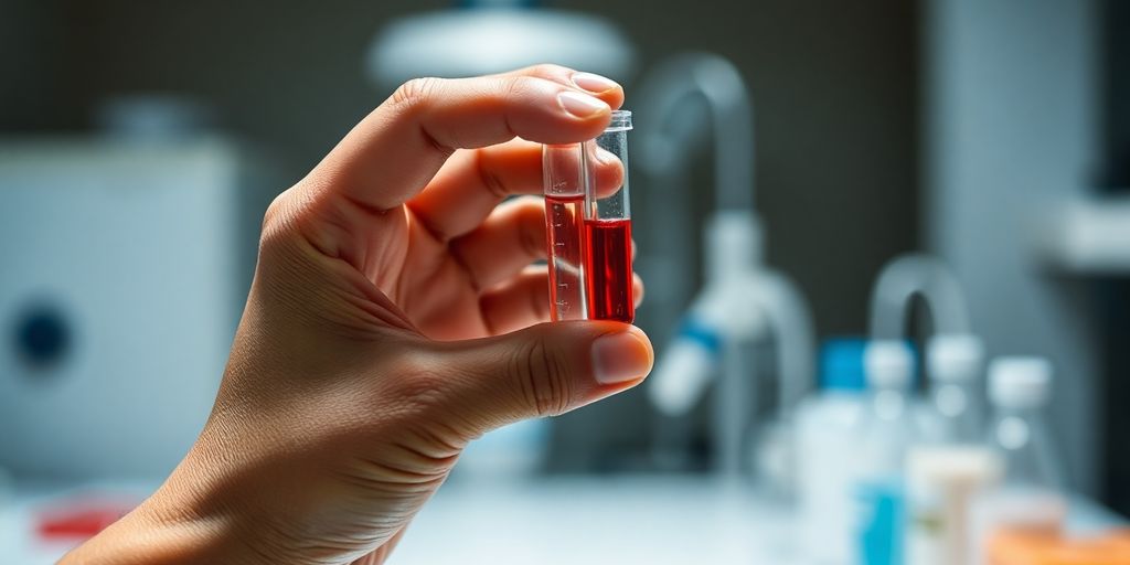Scientist holds blood sample in lab.