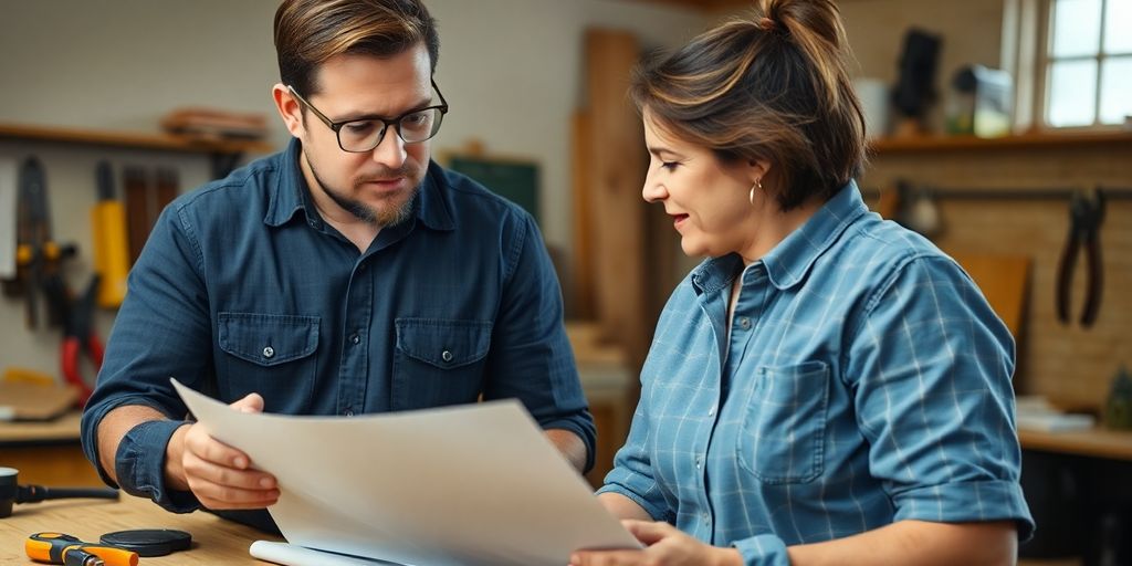 Home repair expert consulting with a homeowner on a project.