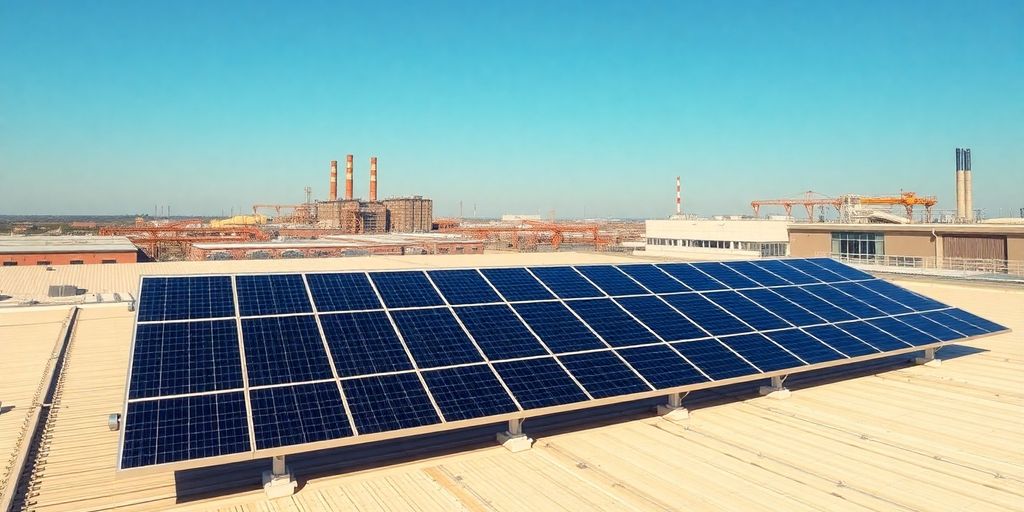 Solar panels on a factory building under a clear sky.