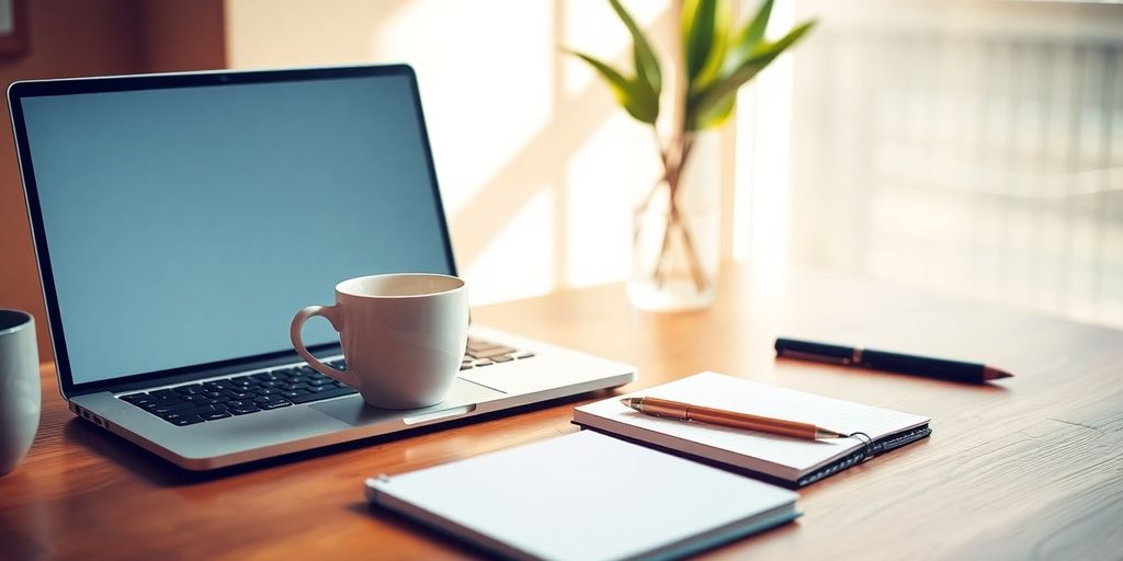 A workspace with a laptop and coffee cup.