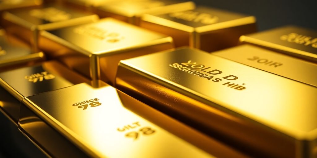 Close-up of shiny gold bars stacked together.