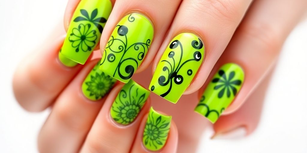 Unhas decoradas em verde-limão com padrões vibrantes.