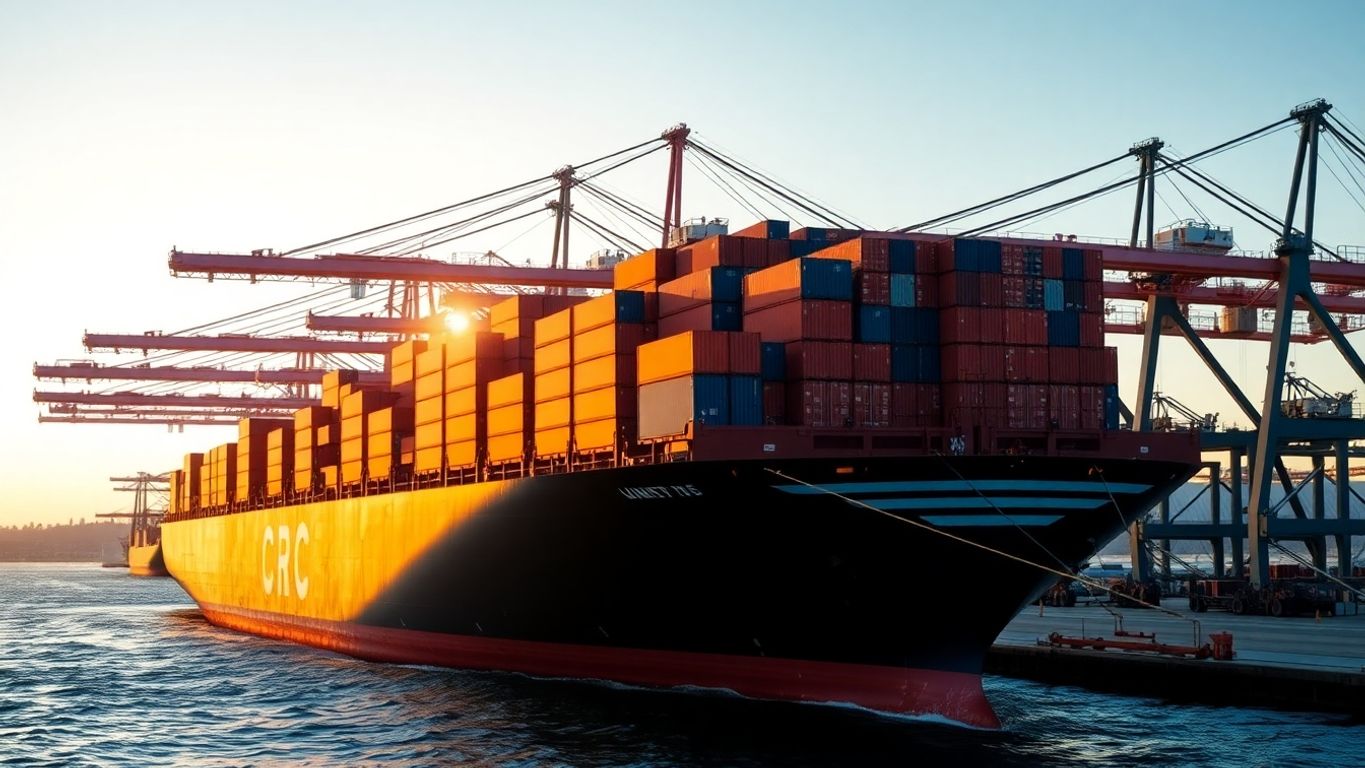 Container ship quickly loads at sunset