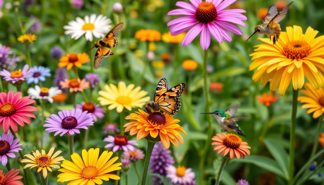 Colorful garden with flowers and pollinators